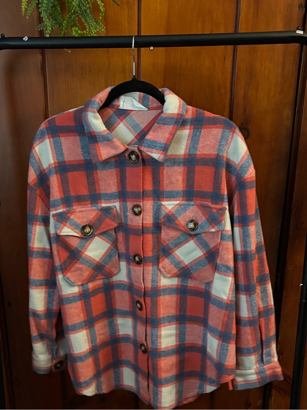 Six Fifty Coral and Blue Plaid Button-Up Shacket